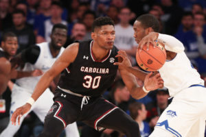 South Carolina Gamecocks forward Chris Silva (30) defends Seton Hall Pirates guard Khadeen Carrington (0) during the second half of the second game of the Under Armour Reunion at Madison Square Garden.  Seton Hall won, 77-74.  (Photo: Vincent Carchietta-USA TODAY Sports)