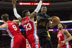 Los Angeles Lakers forward Julius Randle (30) scores past Philadelphia 76ers forward Robert Covington (33) and forward Dario Saric (9) during the second half at Wells Fargo Center. The Los Angeles Lakers won 100-89. (Photo: Bill Streicher-USA TODAY Sports)