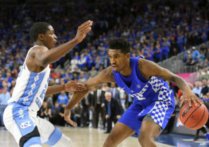 Kentucky Wildcats guard Malik Monk (5) handles the pressure of North Carolina Tar Heels guard Kenny Williams (24) during a game at T-Mobile Arena. Kentucky won the game 103-100. (Photo: Stephen R. Sylvanie-USA TODAY Sports)