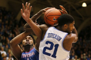 Duke Blue Devils forward Amile Jefferson (21) pulls down a rebound against Tennessee State Tigers forward Ken'Darrius Hamilton (4) in the second half of their game at Cameron Indoor Stadium. (Photo: Mark Dolejs-USA TODAY Sports)