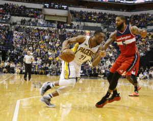 Indiana Pacers forward Thaddeus Young (21) drives against Washington Wizards forward Markieff Morris (5) at Bankers Life Fieldhouse. (Photo: Brian Spurlock-USA TODAY Sports)