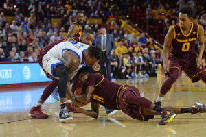 Arizona State Sun Devils guard Shannon Evans II (11) and Creighton Bluejays guard Marcus Foster (0) battle for a loose ball during the first half at Wells-Fargo Arena. (Photo: Joe Camporeale-USA TODAY Sports)