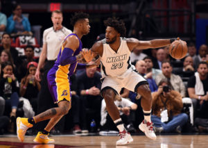 os Angeles Lakers guard D'Angelo Russell (1) applies pressure to Miami Heat forward Justise Winslow (20) during the first half at American Airlines Arena. (Photo: Steve Mitchell-USA TODAY Sports)