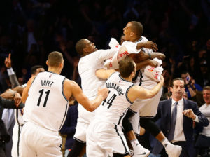 Randy Foye (2) celebrates with teammates after scoring the game winning three point shot at the buzzer against the Charlotte Hornets during the second half at Barclays Center. The Nets won 120 -118. (Photo: Andy Marlin-USA TODAY Sports)