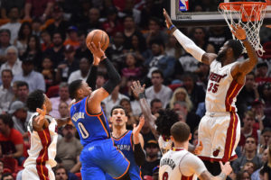 Russell Westbrook (0) recorded his 15th triple-double of the season in Oklahoma City's victory over Miami, Tuesday night. (Photo: Jasen Vinlove-USA TODAY Sports)