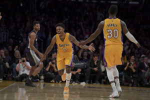 Nick Young (0) and Julius Randle (30)  celebrate during the Lakers victory. (Photo: Kirby Lee-USA TODAY Sports)