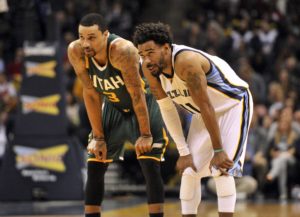 Mike Conley (11) and George Hill (3) during the second half at FedExForum. Memphis Grizzlies defeated the Utah Jazz 88-79. (Photo: Justin Ford-USA TODAY Sports)