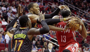 Dwight Howard (8) received a mix of boos and cheers in his return to Houston, and went on to drop 24 points and grab 23 rebounds to lead the Hawks (29-21) to the victory. (Photo: Thomas B. Shea-USA TODAY Sports)
