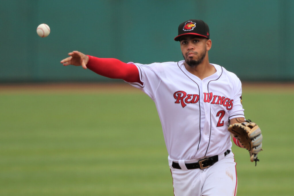 April 30, 2022: Rochester Red Wings infielder Luis Garcia (2) makes a throw  against the Syracuse Mets. The Rochester Red Wings hosted the Syracuse Mets  in an International League game at Frontier