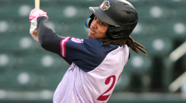 Outfielder James Wood bats against Buffalo on Tuesday, May 14. (PHOTO: Rochester Red Wings/Joe Territo)